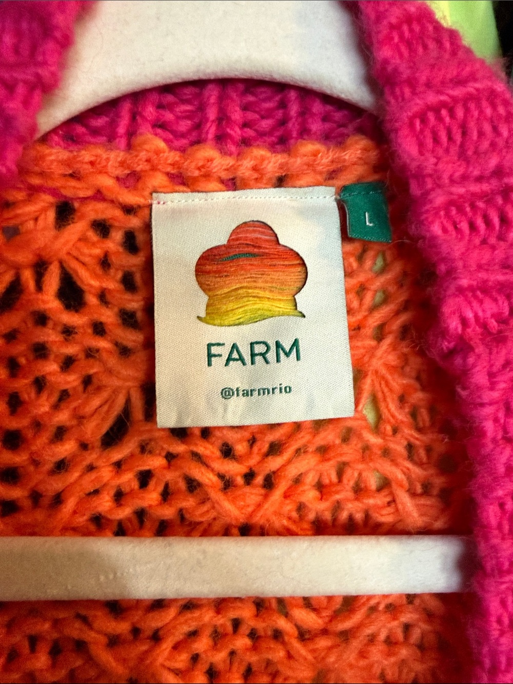 FARM Rio Orange/Red/Pink Rainbow Oversized Crochet Knit Cardigan Sweater, Size L - Picture 5 of 8
